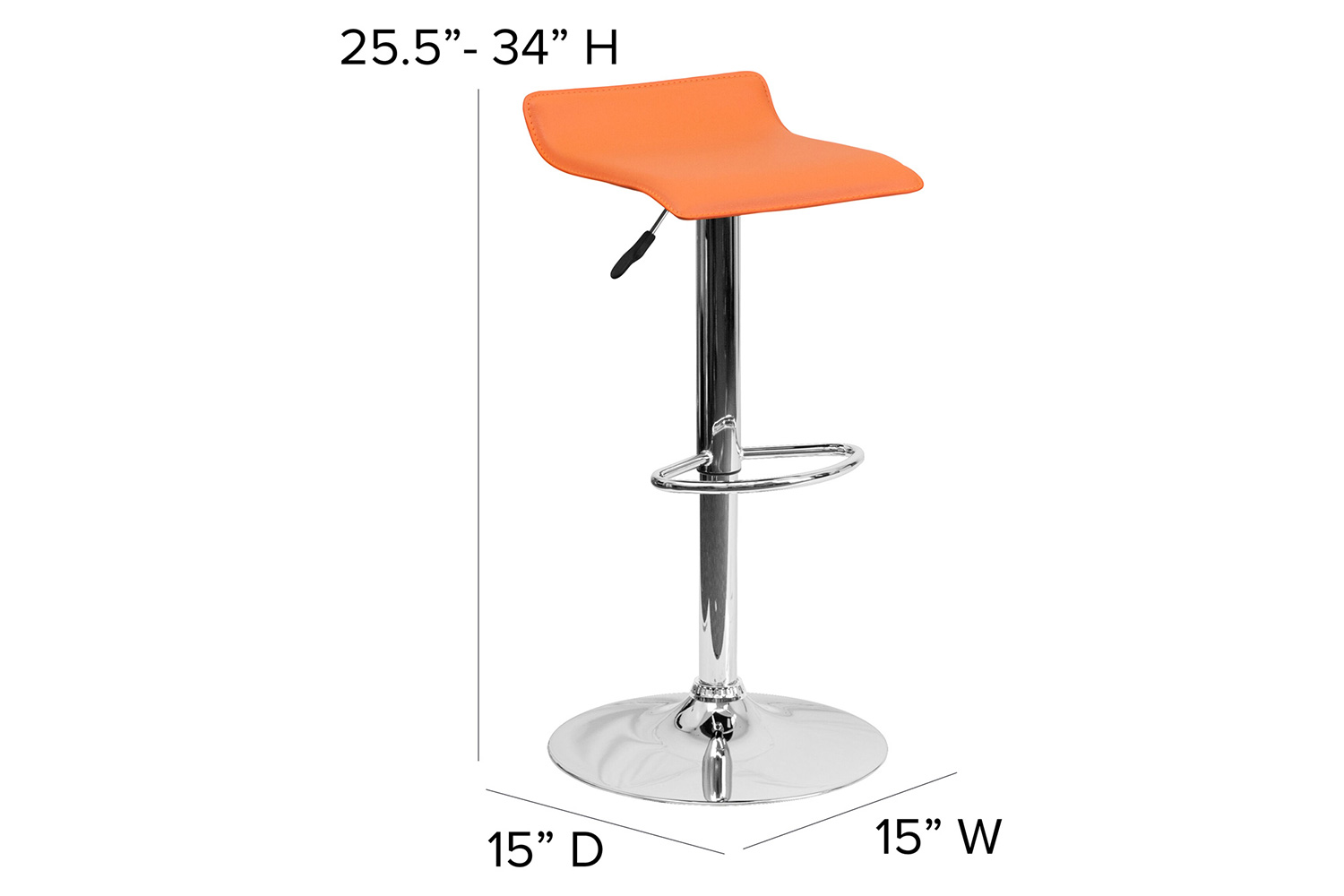 BLNK Dax Vinyl Adjustable Height Bar Stool with Solid Wave Seat and Chrome Base - Orange