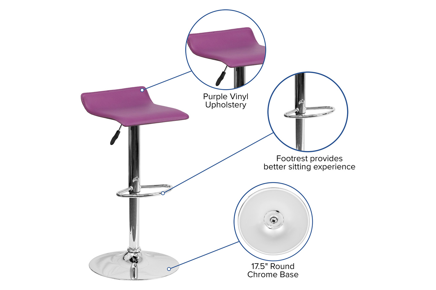 BLNK Dax Vinyl Adjustable Height Bar Stool with Solid Wave Seat and Chrome Base - Purple