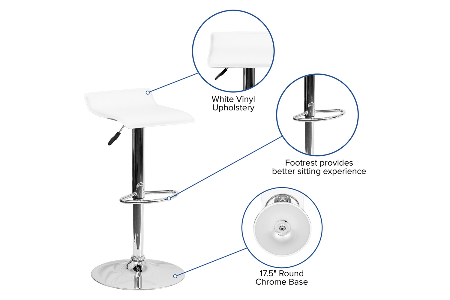 BLNK Dax Vinyl Adjustable Height Bar Stool with Solid Wave Seat and Chrome Base - White