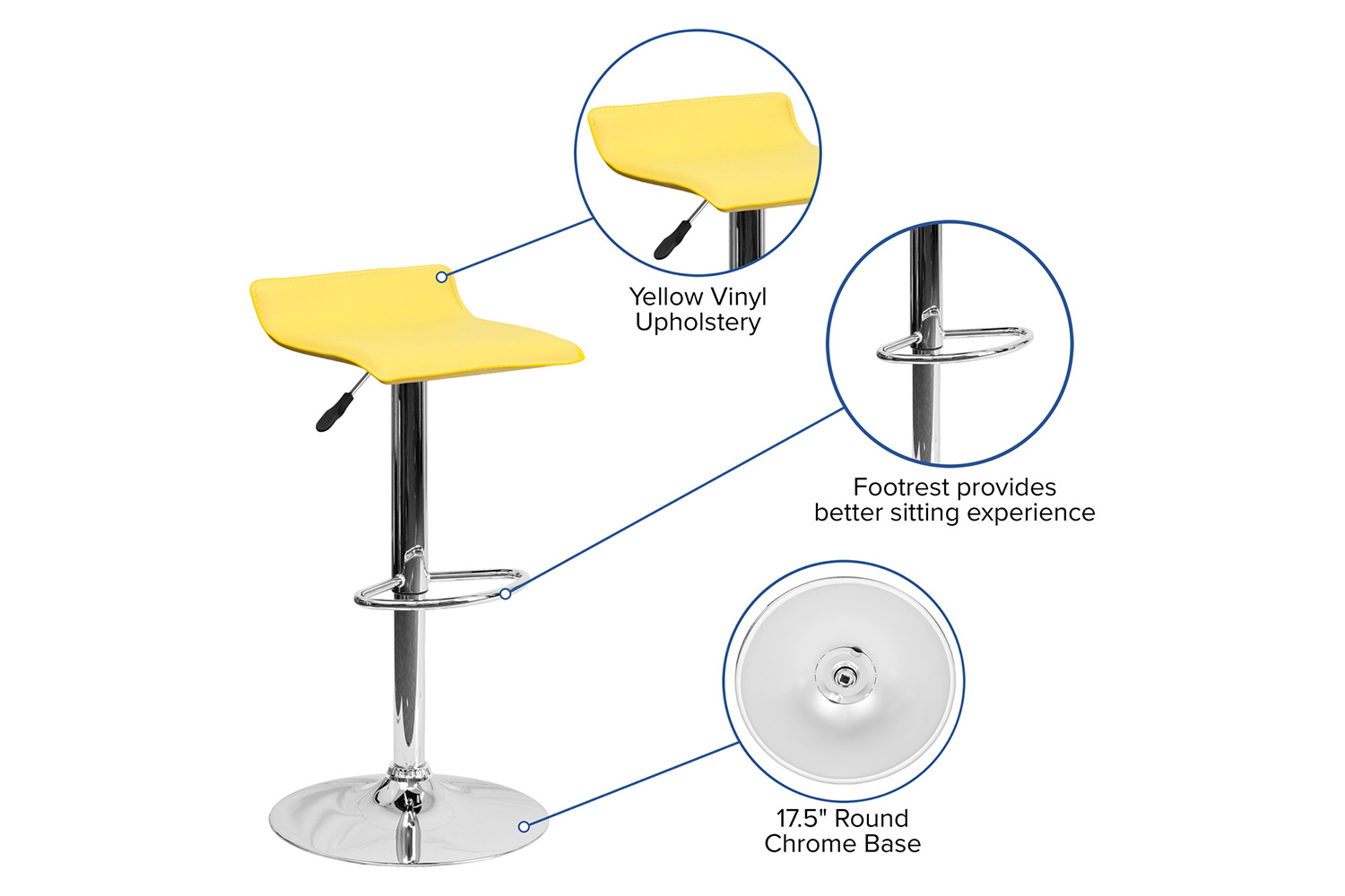 BLNK Dax Vinyl Adjustable Height Bar Stool with Solid Wave Seat and Chrome Base - Yellow