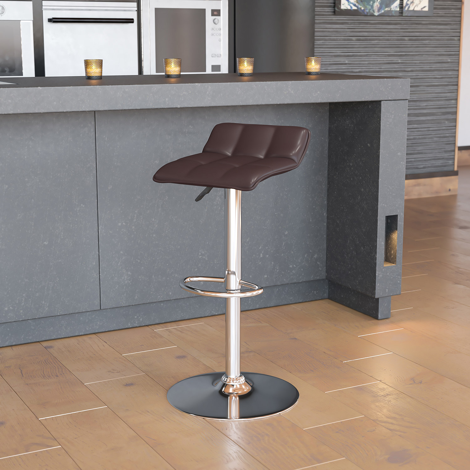 BLNK Mark Vinyl Adjustable Height Bar Stool with Quilted Wave Seat and Chrome Base