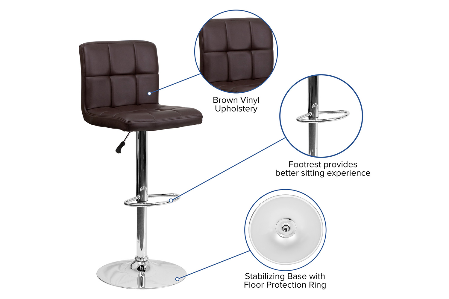 BLNK™ Kathleen Quilted Vinyl Adjustable Height Bar Stool with Chrome Base - Brown