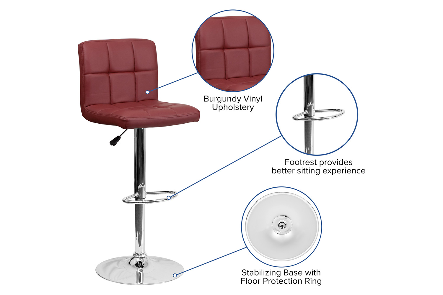 BLNK Kathleen Quilted Vinyl Adjustable Height Bar Stool with Chrome Base - Burgundy