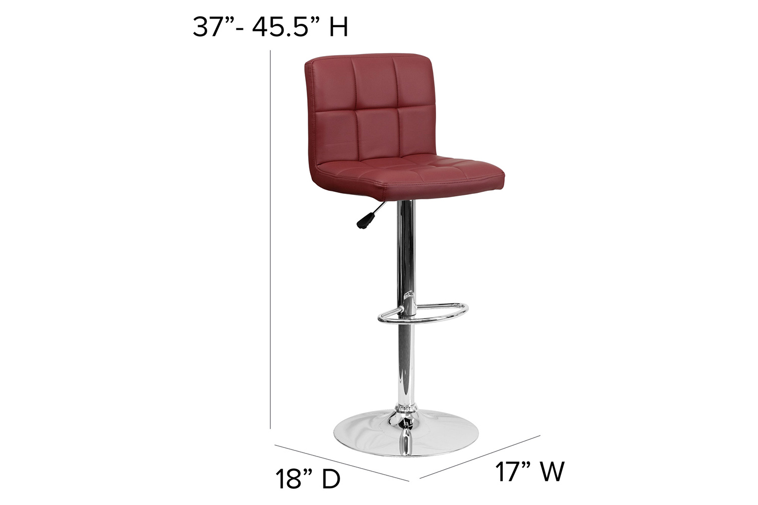 BLNK Kathleen Quilted Vinyl Adjustable Height Bar Stool with Chrome Base - Burgundy