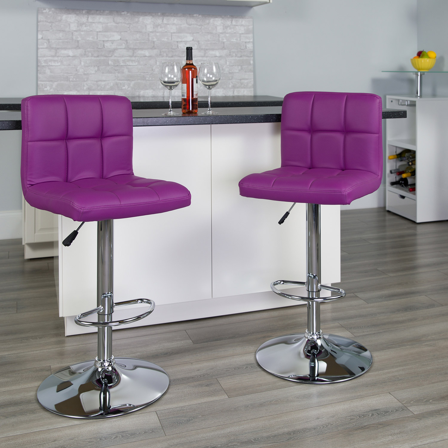 BLNK Kathleen Quilted Vinyl Adjustable Height Bar Stool with Chrome Base