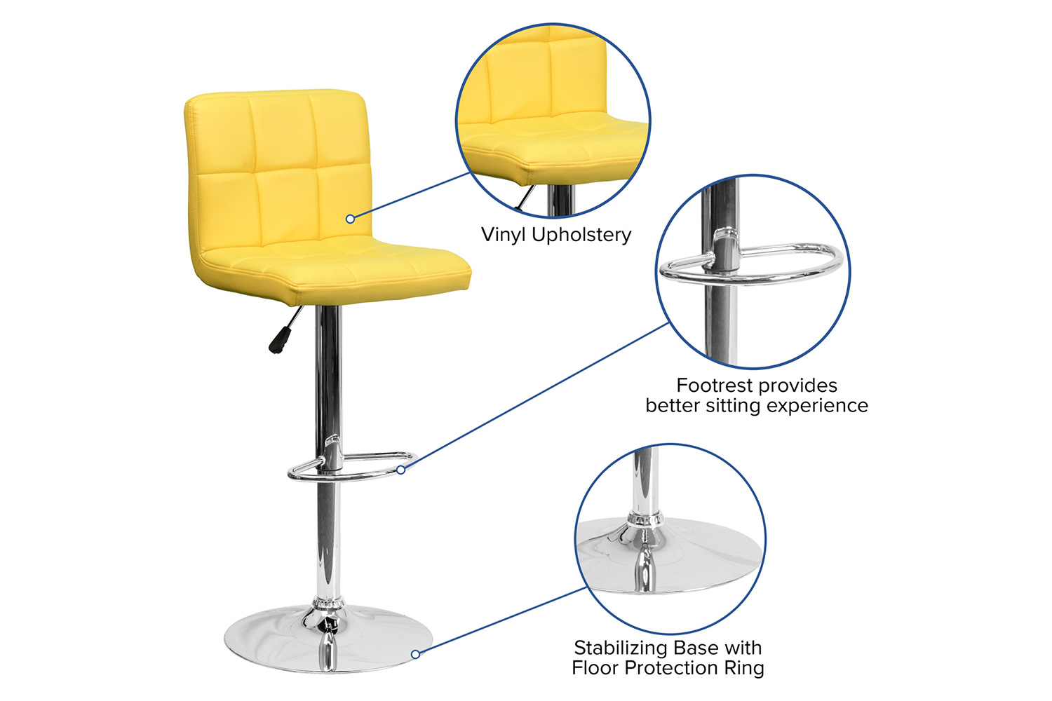 BLNK Kathleen Quilted Vinyl Adjustable Height Bar Stool with Chrome Base - Yellow