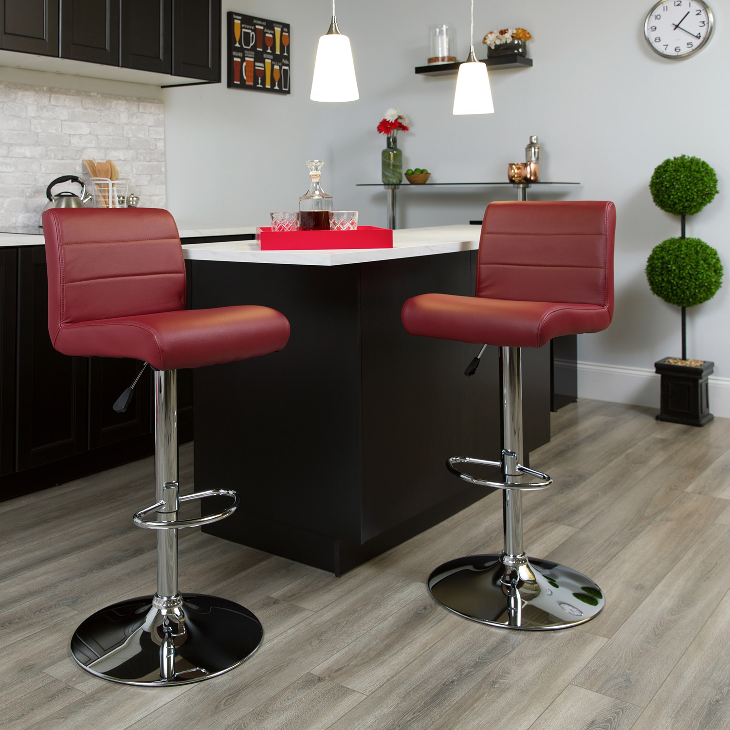 BLNK Scott Vinyl Adjustable Height Bar Stool with Rolled Seat and Chrome Base