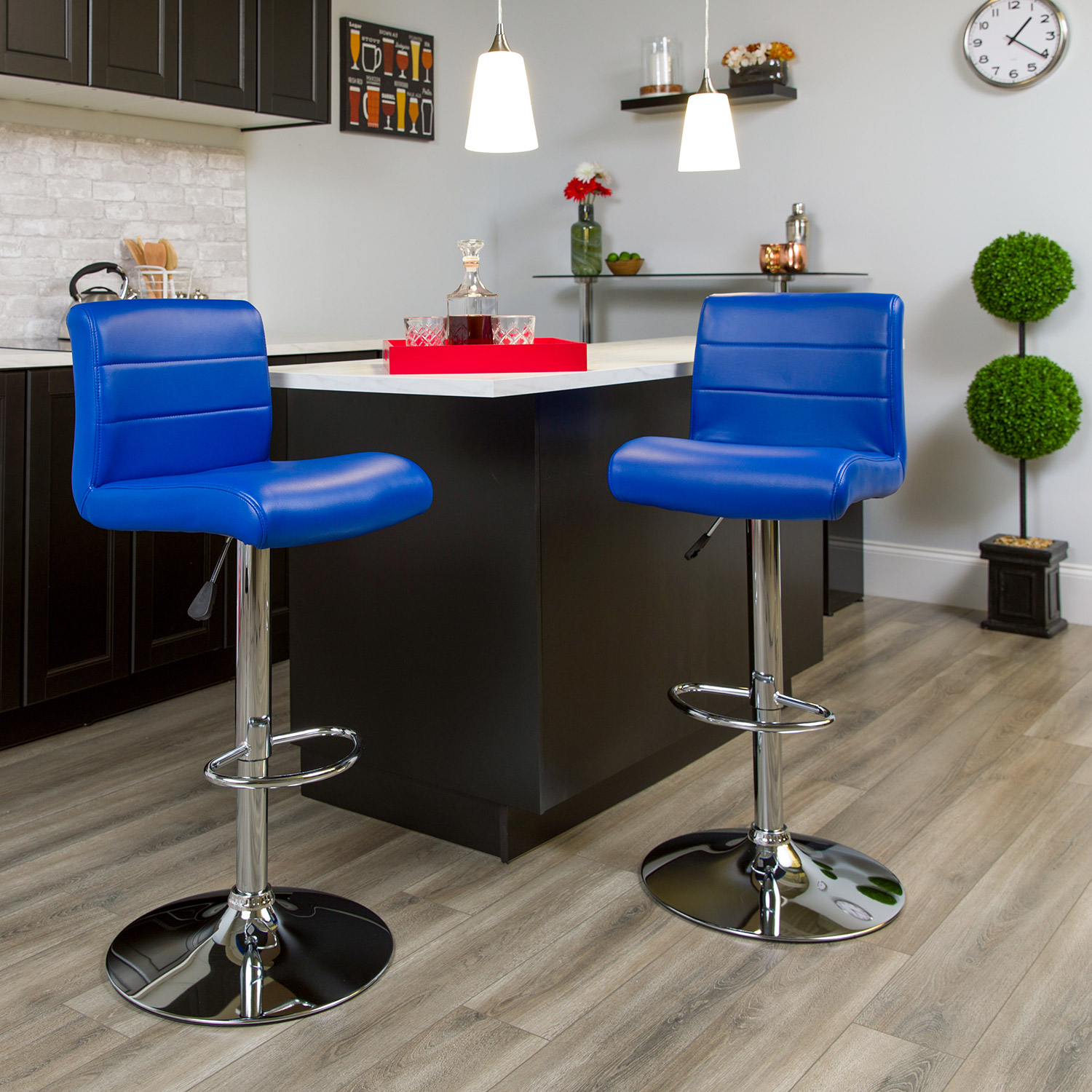 BLNK Scott Vinyl Adjustable Height Bar Stool with Rolled Seat and Chrome Base