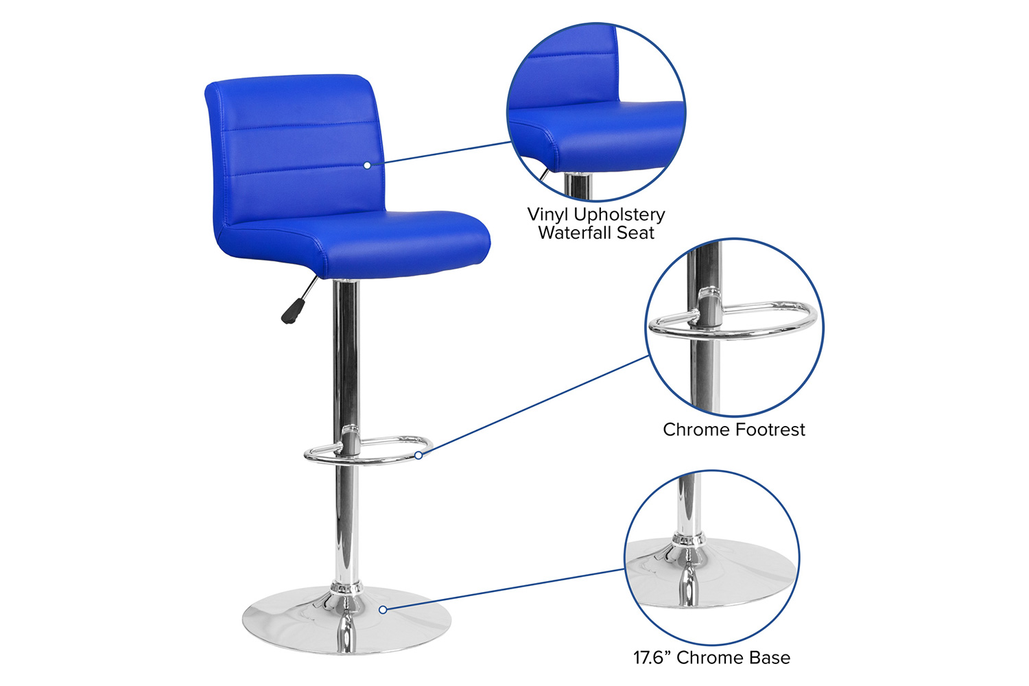 BLNK Scott Vinyl Adjustable Height Bar Stool with Rolled Seat and Chrome Base - Blue