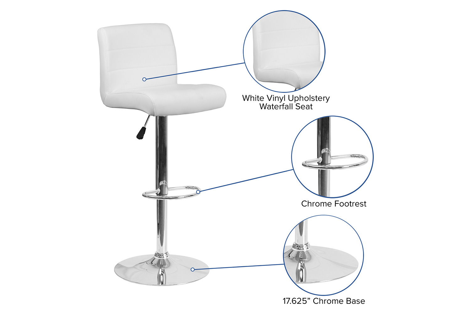 BLNK™ Scott Vinyl Adjustable Height Bar Stool with Rolled Seat and Chrome Base - White