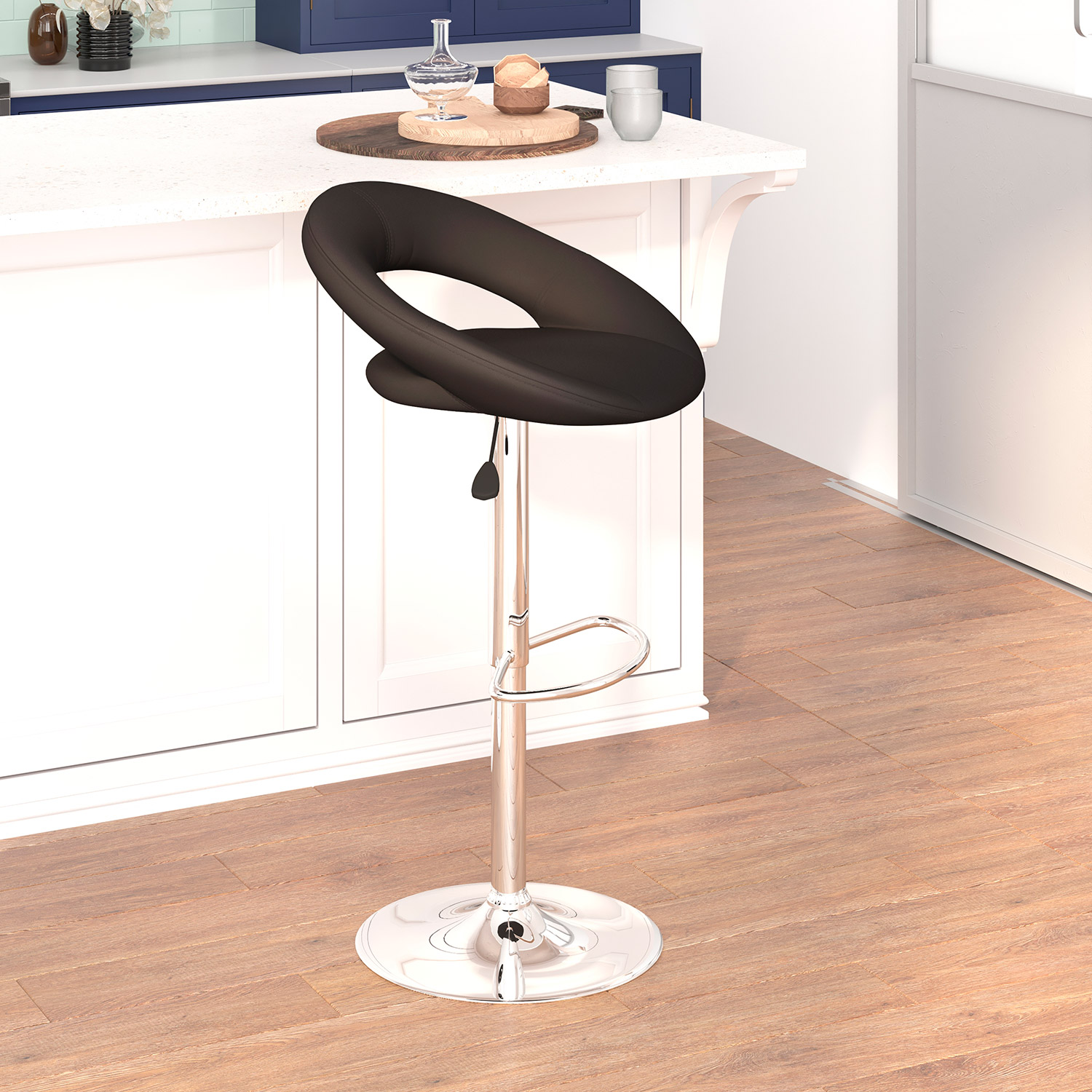 BLNK™ Brook Vinyl Rounded Orbit-Style Back Adjustable Height Bar Stool with Chrome Base - Black