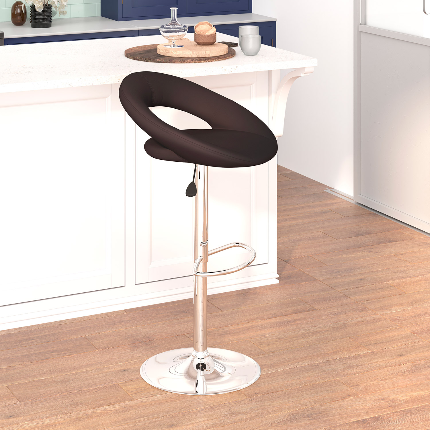 BLNK Brook Vinyl Rounded Orbit-Style Back Adjustable Height Bar Stool with Chrome Base - Brown