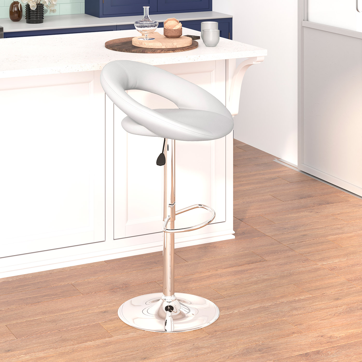 BLNK Brook Vinyl Rounded Orbit-Style Back Adjustable Height Bar Stool with Chrome Base - White