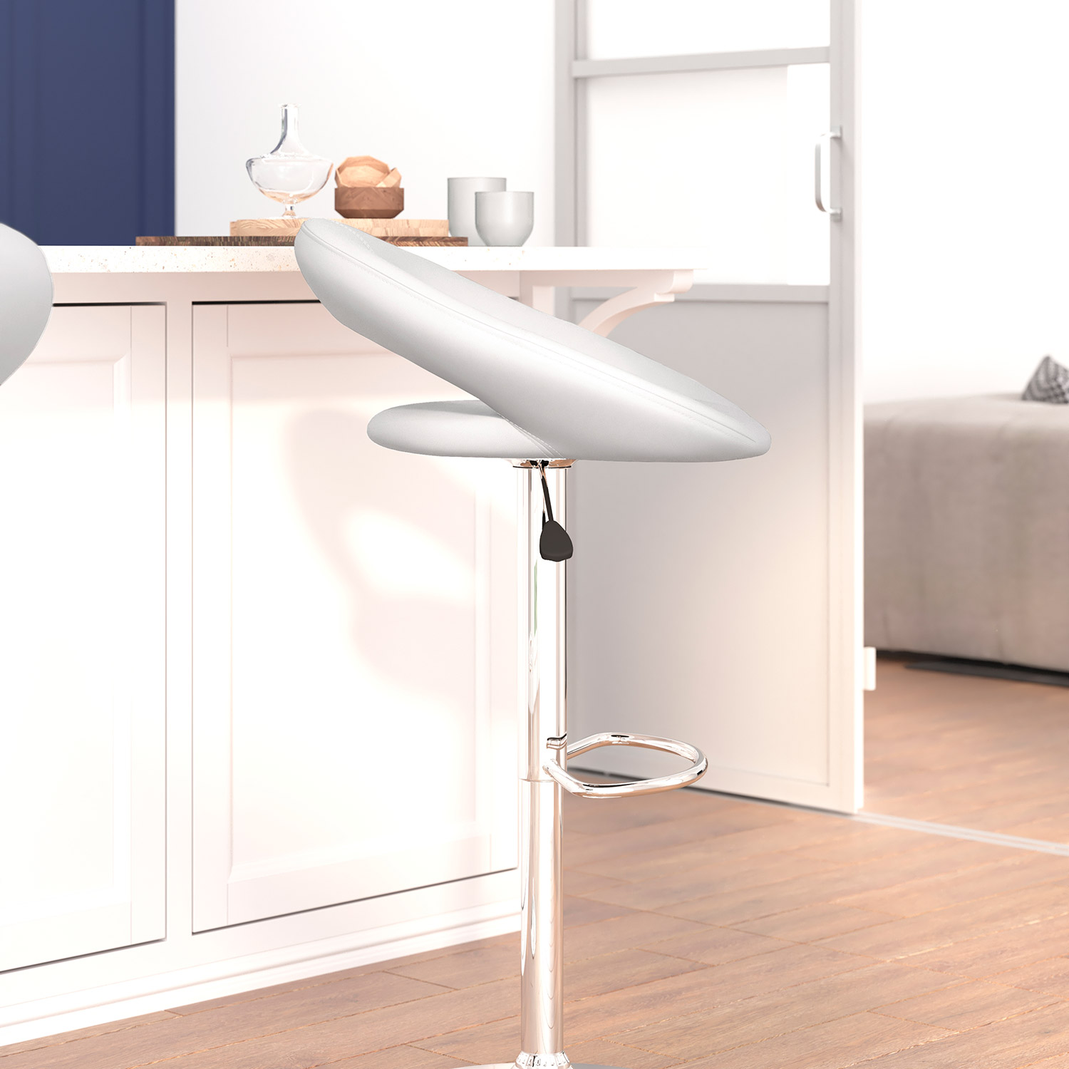 BLNK Brook Vinyl Rounded Orbit-Style Back Adjustable Height Bar Stool with Chrome Base - White