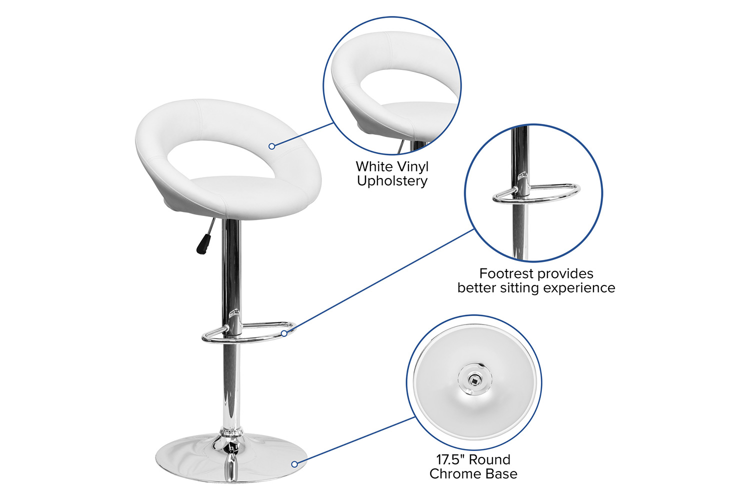 BLNK Brook Vinyl Rounded Orbit-Style Back Adjustable Height Bar Stool with Chrome Base - White