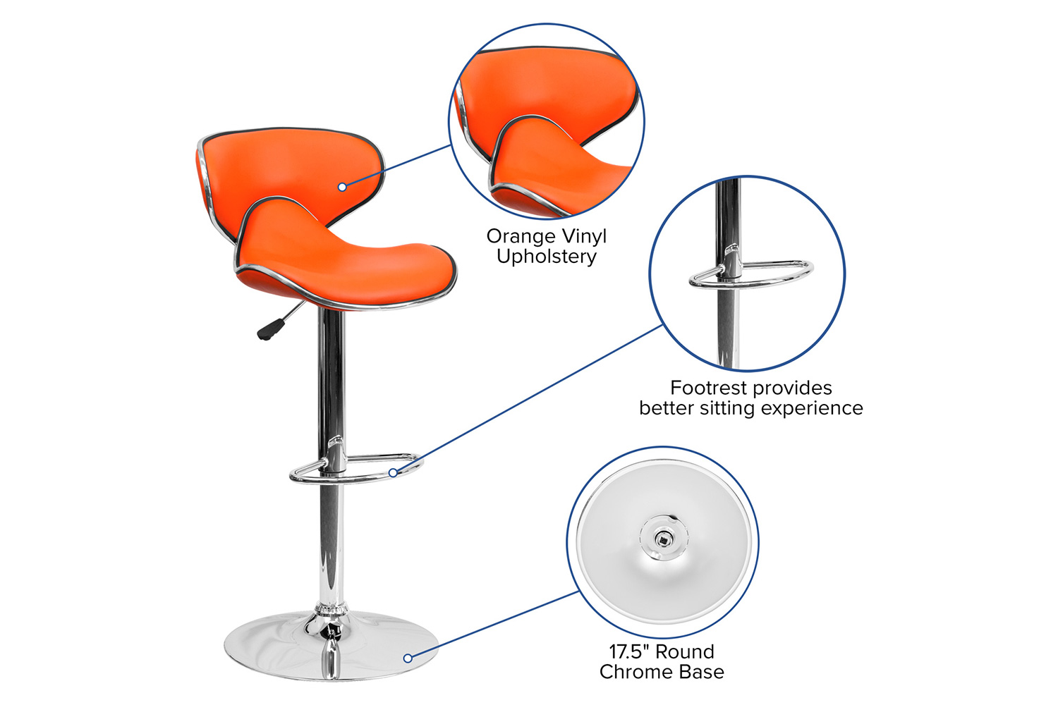 BLNK Devin Vinyl Cozy Mid-Back Adjustable Height Bar Stool with Chrome Base - Orange