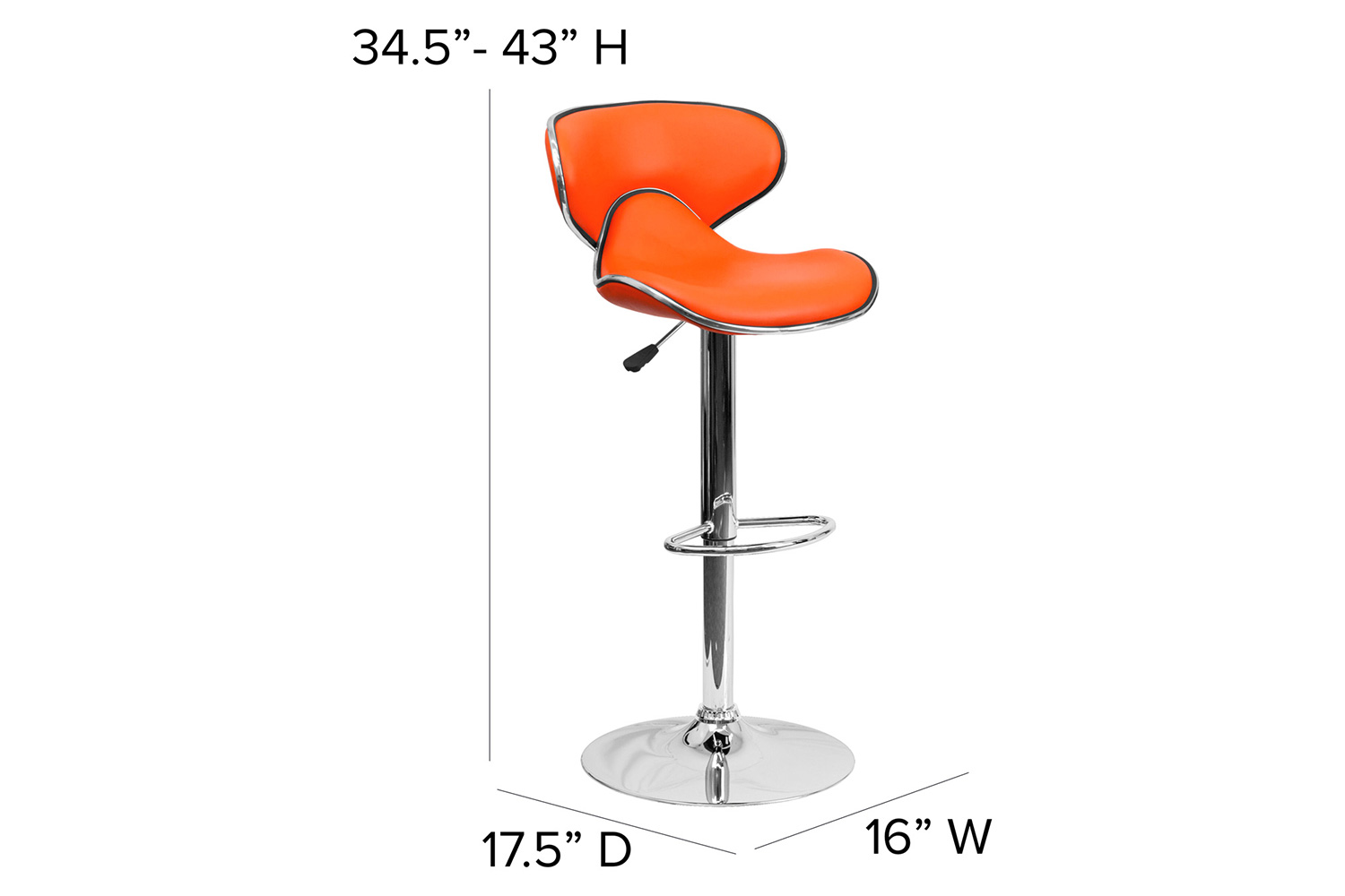 BLNK Devin Vinyl Cozy Mid-Back Adjustable Height Bar Stool with Chrome Base - Orange