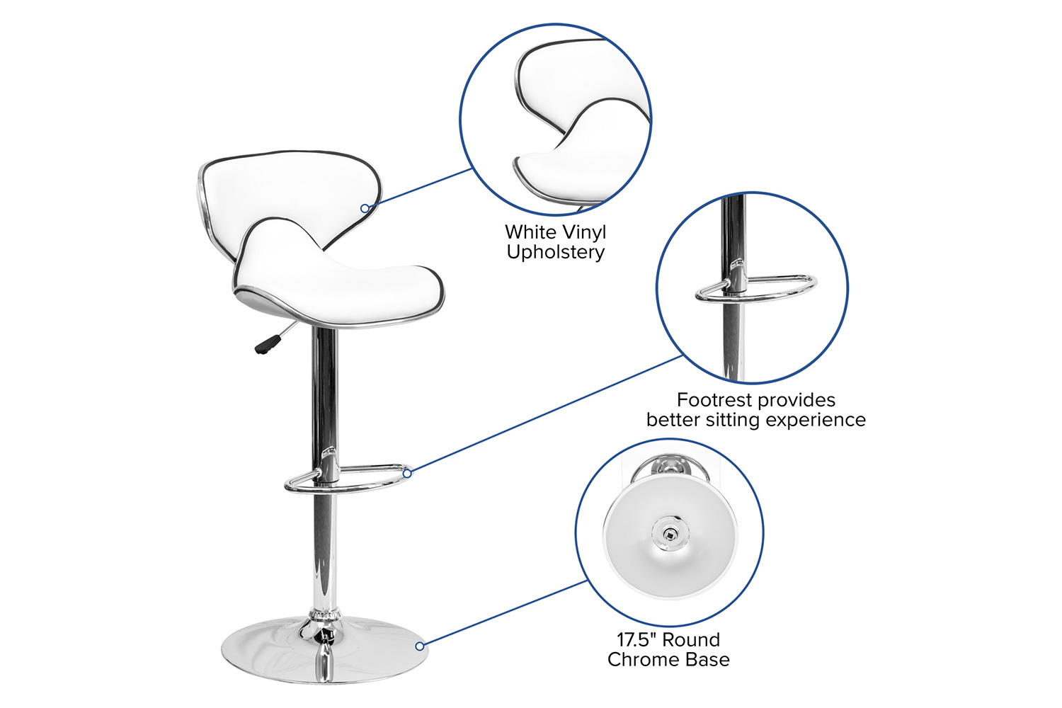 BLNK Devin Vinyl Cozy Mid-Back Adjustable Height Bar Stool with Chrome Base - White