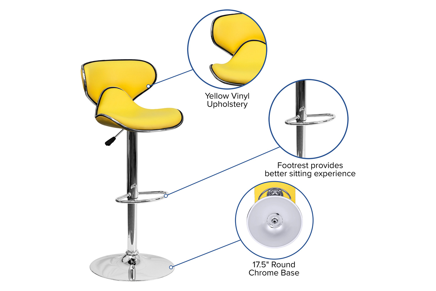 BLNK™ Devin Vinyl Cozy Mid-Back Adjustable Height Bar Stool with Chrome Base - Yellow