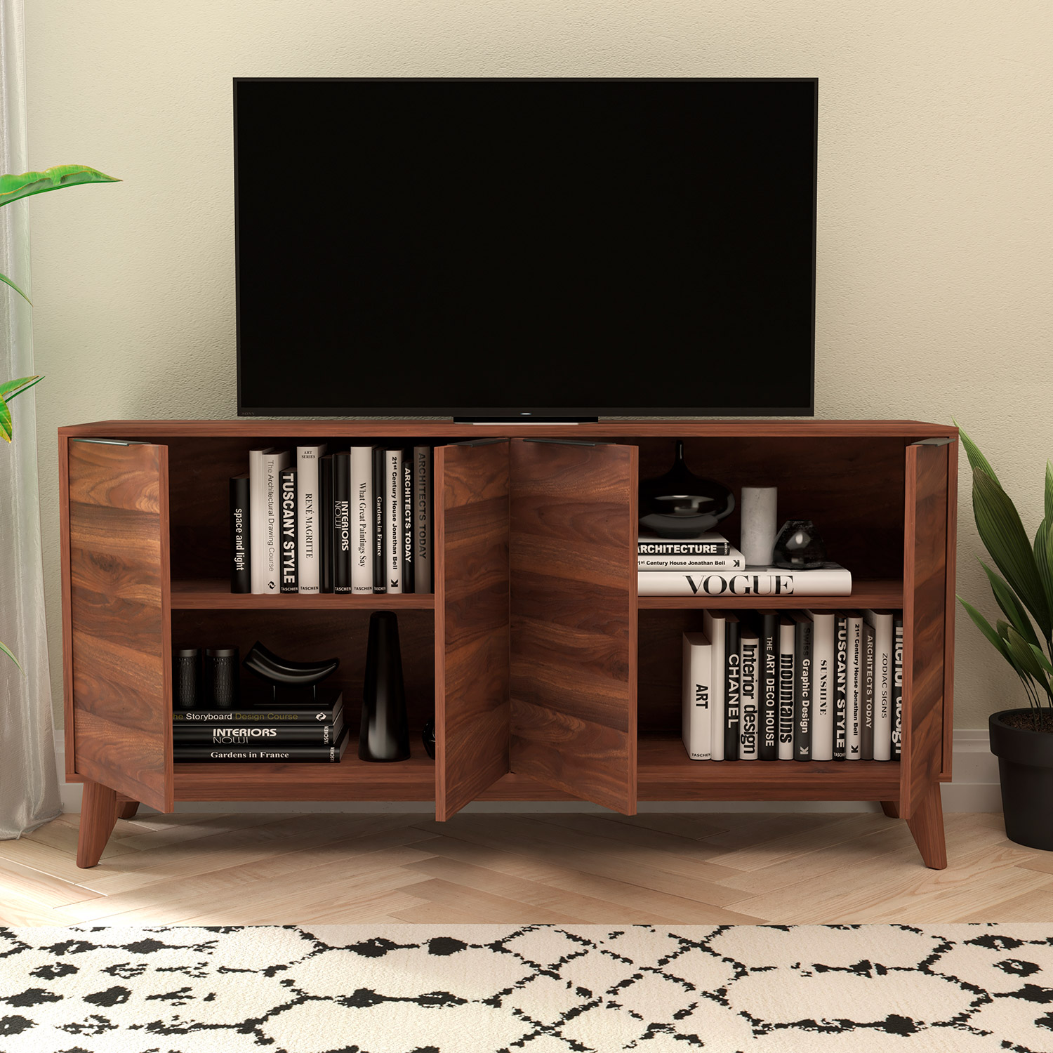 BLNK - Hatfield Mid-Century Modern TV Stand for up to 64" TV's with 4 Door Storage Buffet Sideboard,4 Soft Close Doors, Adjustable Shelves