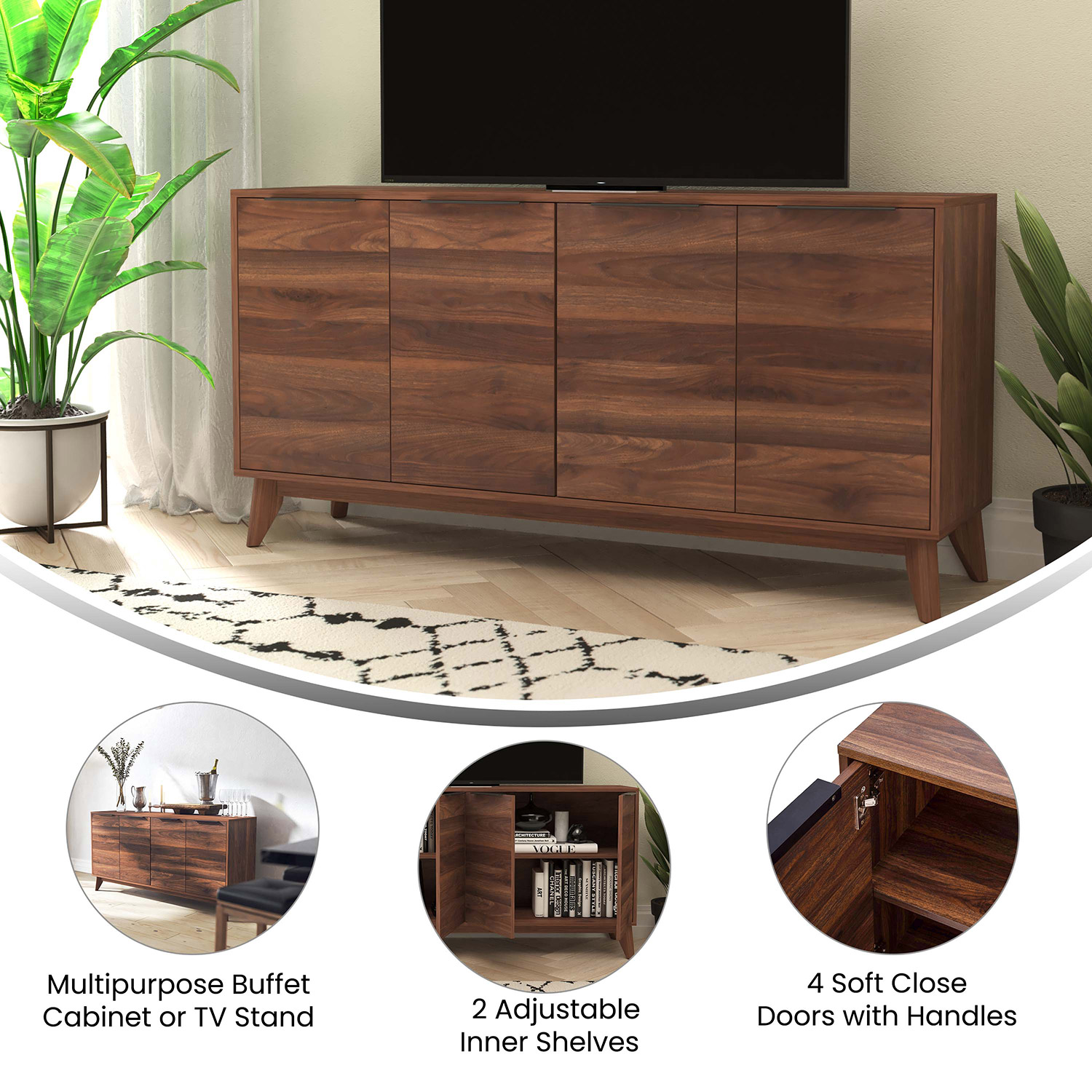 BLNK - Hatfield Mid-Century Modern TV Stand for up to 64" TV's with 4 Door Storage Buffet Sideboard,4 Soft Close Doors, Adjustable Shelves