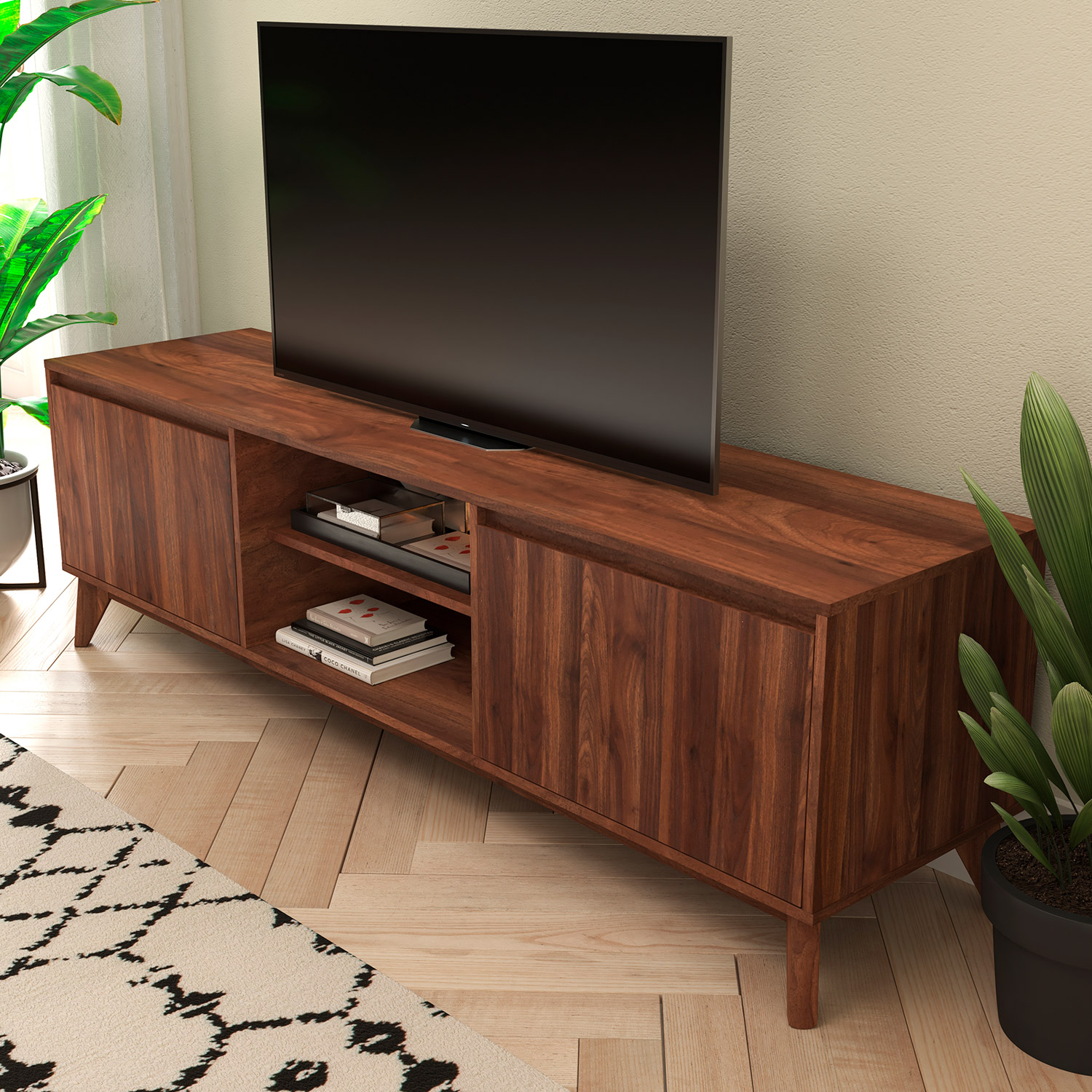 BLNK - Hatfield Mid-Century Modern TV Stand in Walnut for up to 65" TV's with Adjustable Center Shelf and Dual Soft Close Doors