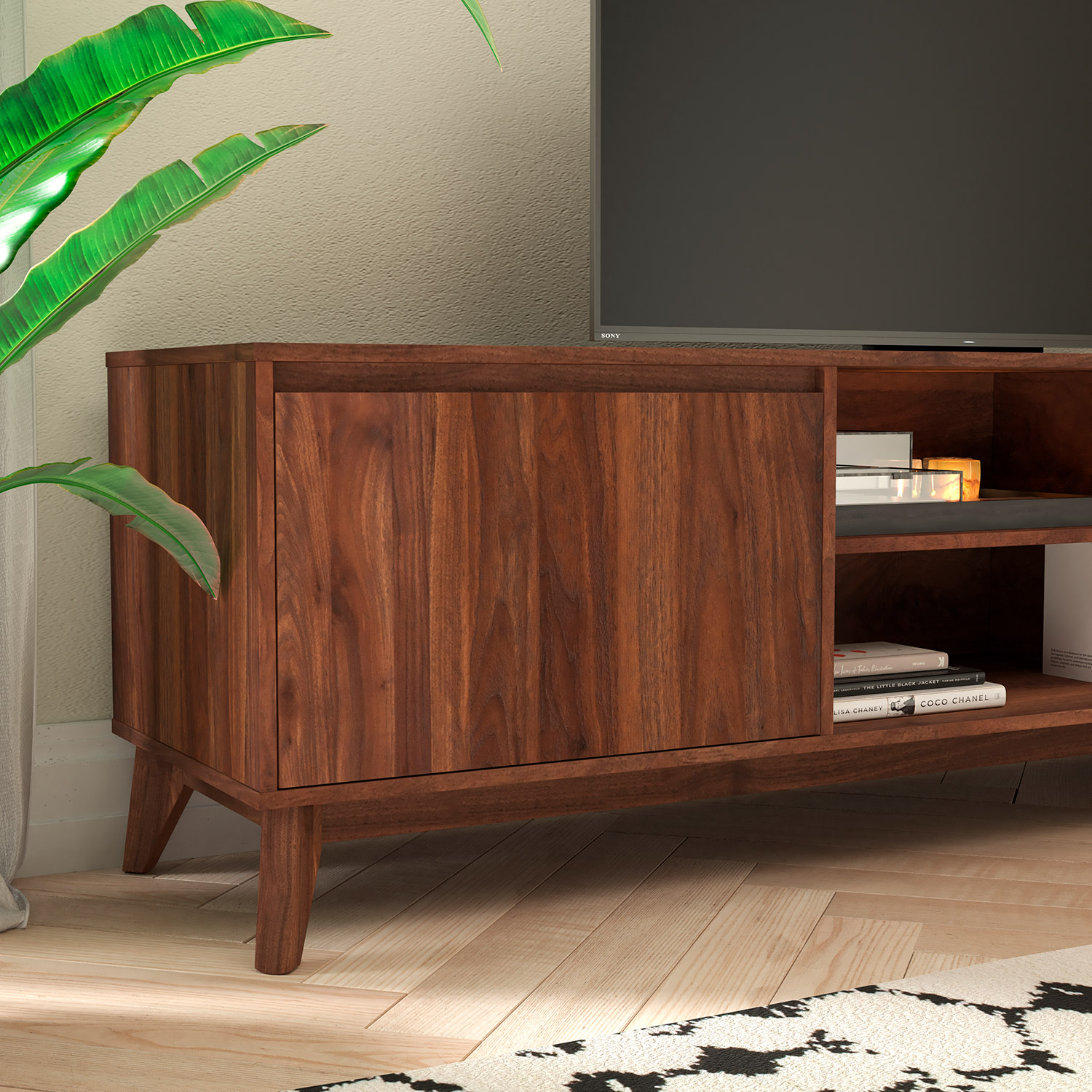 BLNK - Hatfield Mid-Century Modern TV Stand in Walnut for up to 65" TV's with Adjustable Center Shelf and Dual Soft Close Doors