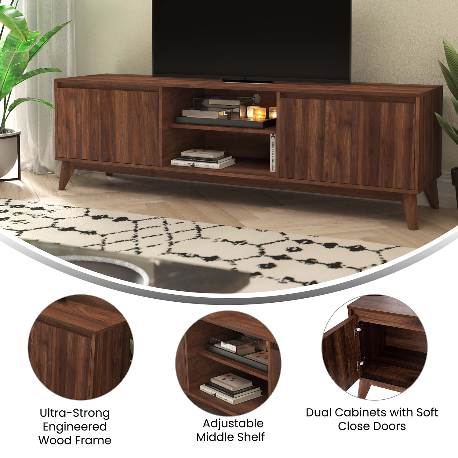 BLNK - Hatfield Mid-Century Modern TV Stand in Walnut for up to 65" TV's with Adjustable Center Shelf and Dual Soft Close Doors