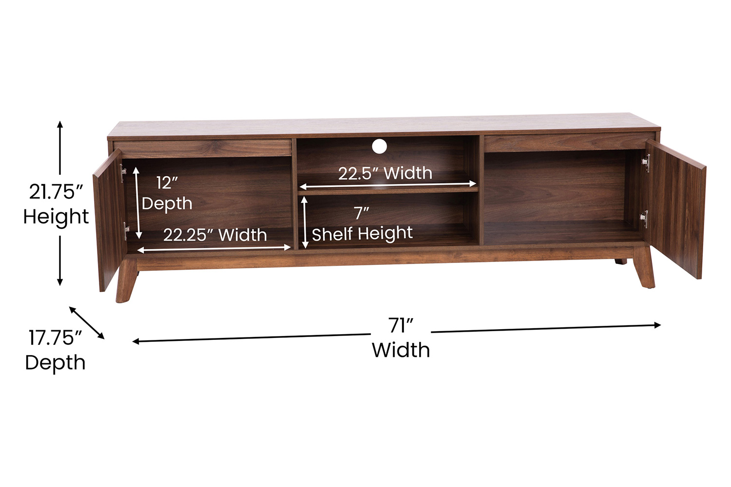 BLNK - Hatfield Mid-Century Modern TV Stand in Walnut for up to 65" TV's with Adjustable Center Shelf and Dual Soft Close Doors