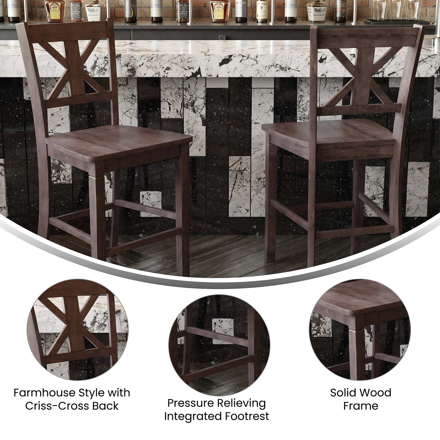 BLNK Gwendolyn Commercial Solid Wood Modern Farmhouse Counter Height Bar Stool Set of 2 - Gray Wash Walnut