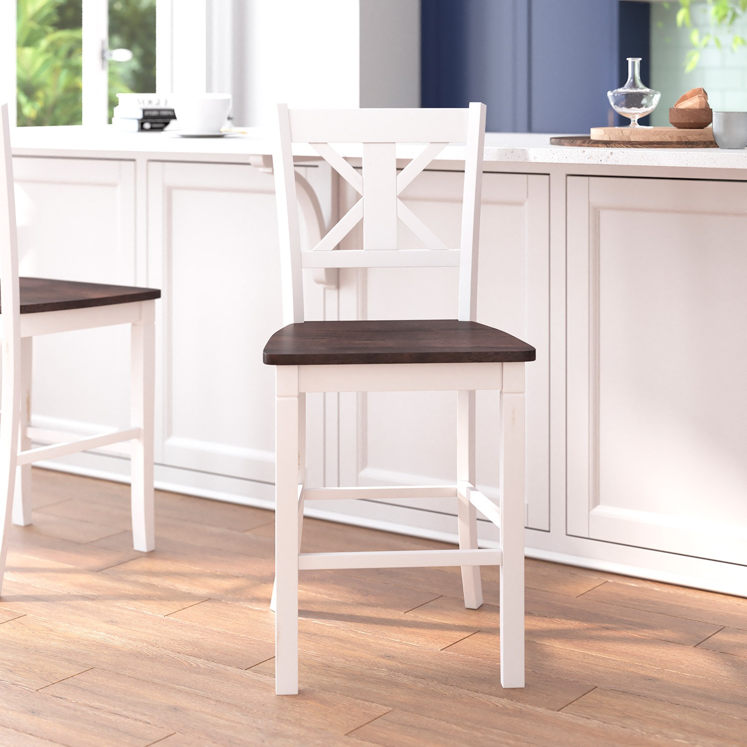 BLNK Gwendolyn Commercial Solid Wood Modern Farmhouse Counter Height Bar Stool Set of 2