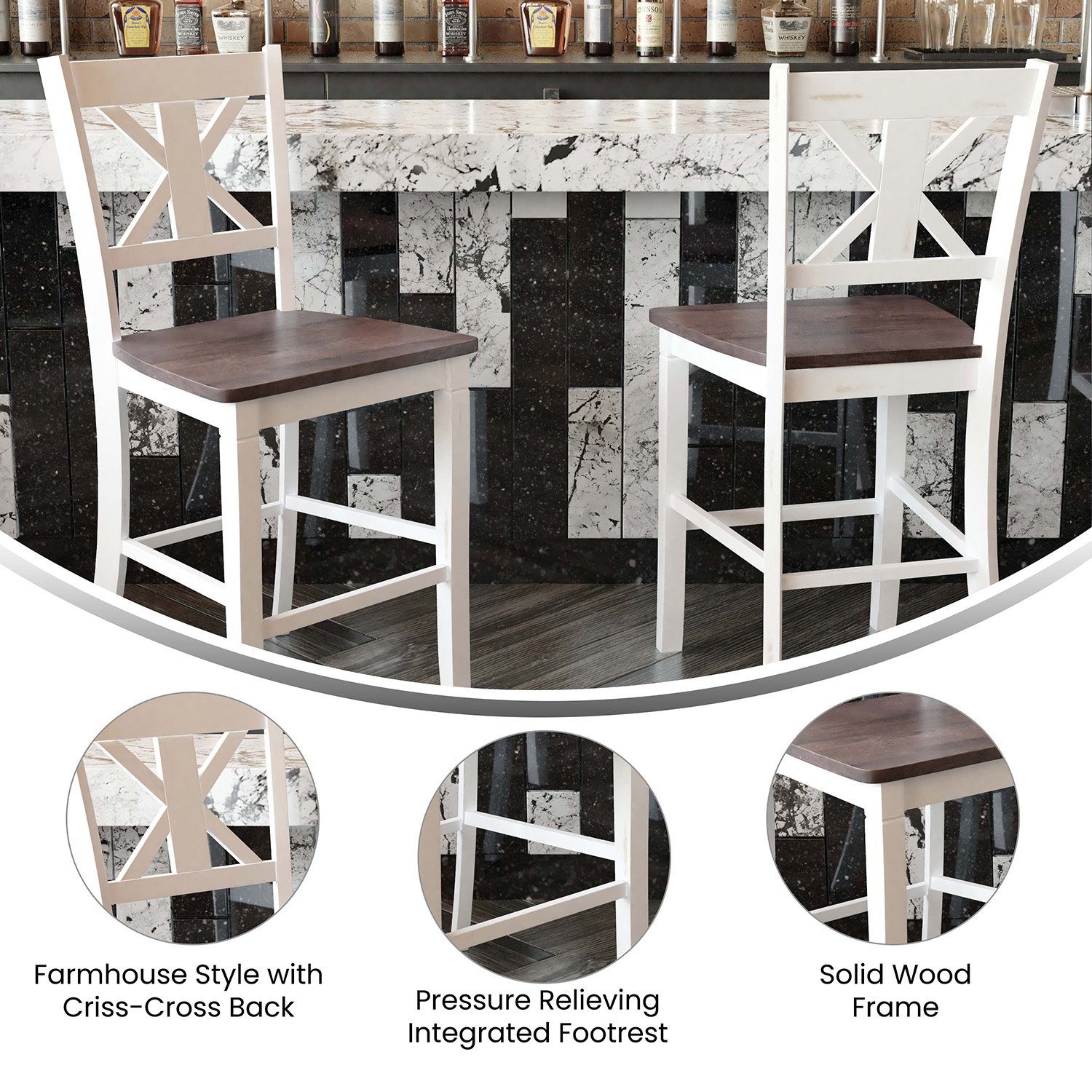 BLNK Gwendolyn Commercial Solid Wood Modern Farmhouse Counter Height Bar Stool Set of 2 - Antique White Wash