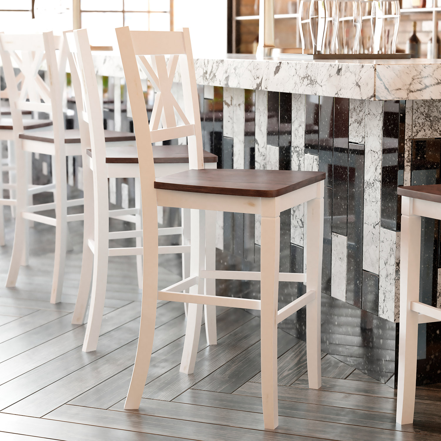 BLNK Gwendolyn Commercial Solid Wood Modern Farmhouse Bar Stool Set of 2 - Antique White Wash