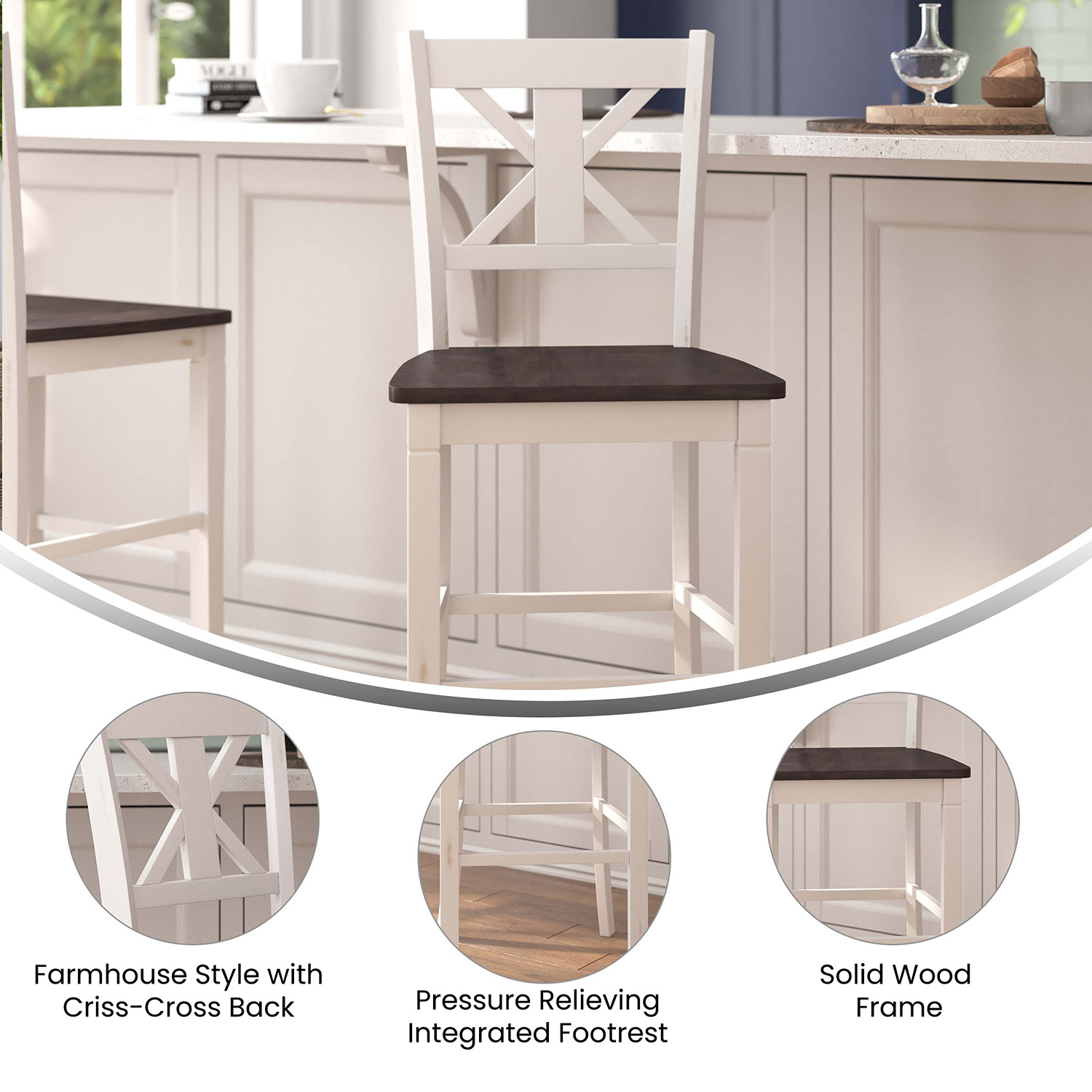 BLNK Gwendolyn Commercial Solid Wood Modern Farmhouse Bar Stool Set of 2 - Antique White Wash