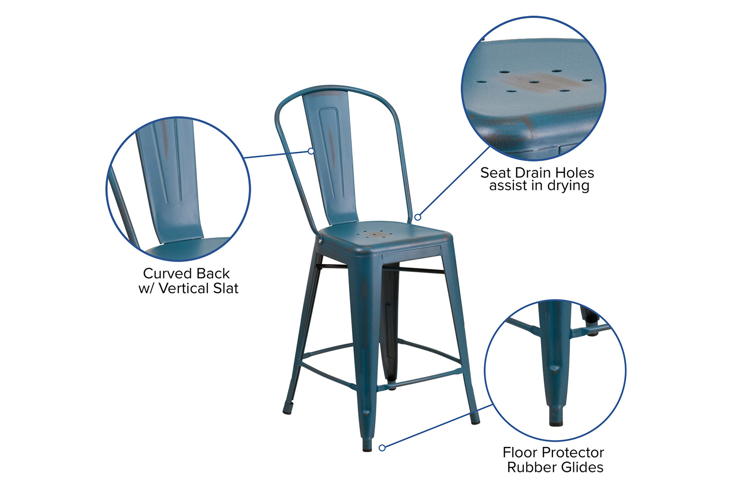 BLNK™ Carly Commercial Metal Distressed Indoor-Outdoor Counter Height Stool - Antique Blue