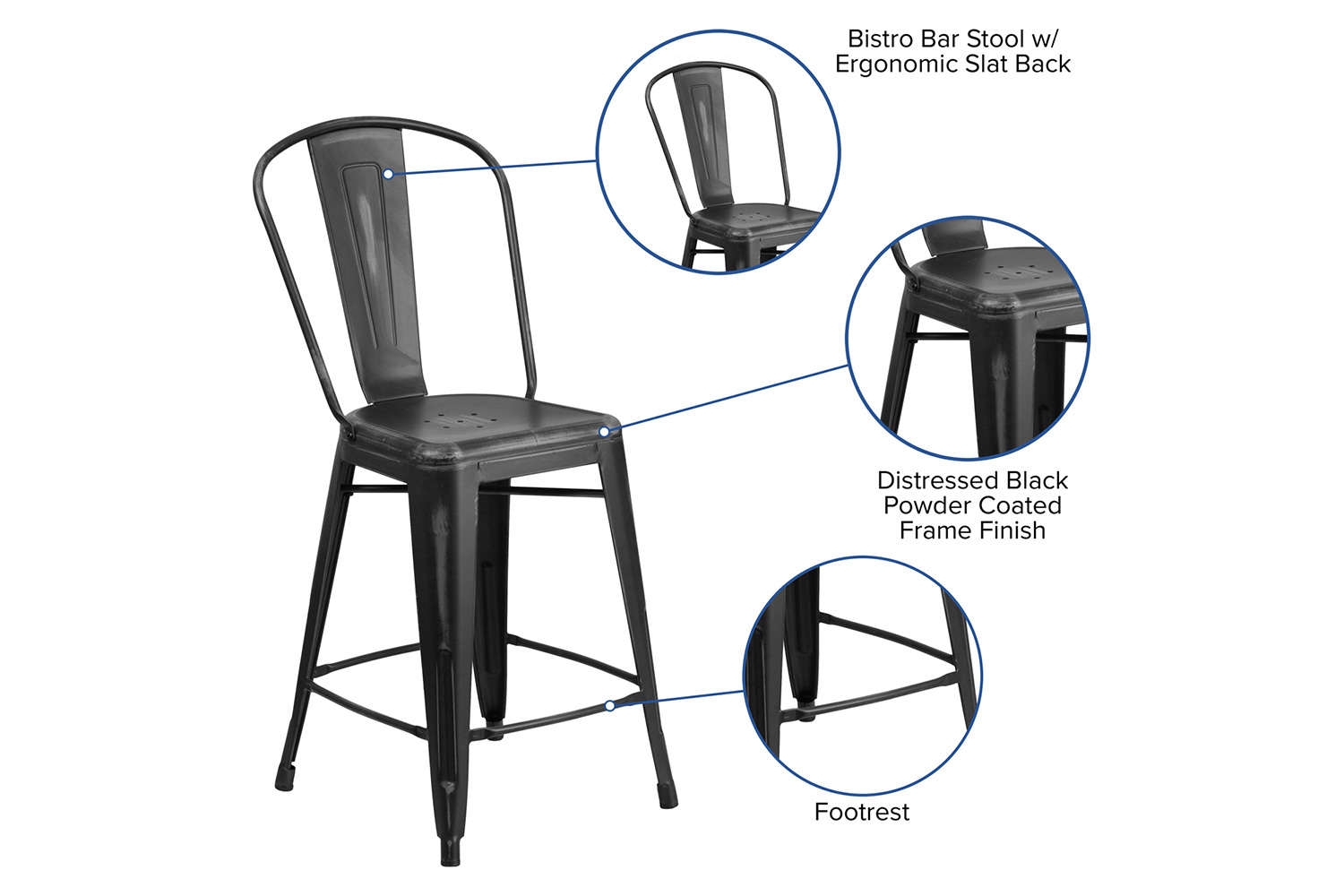 BLNK Carly Commercial Metal Distressed Indoor-Outdoor Counter Height Stool - Black