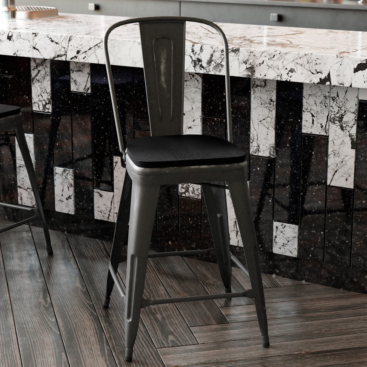 BLNK Carly Commercial Metal Indoor-Outdoor Counter Height Stool with Poly Resin Wood Seat - Black