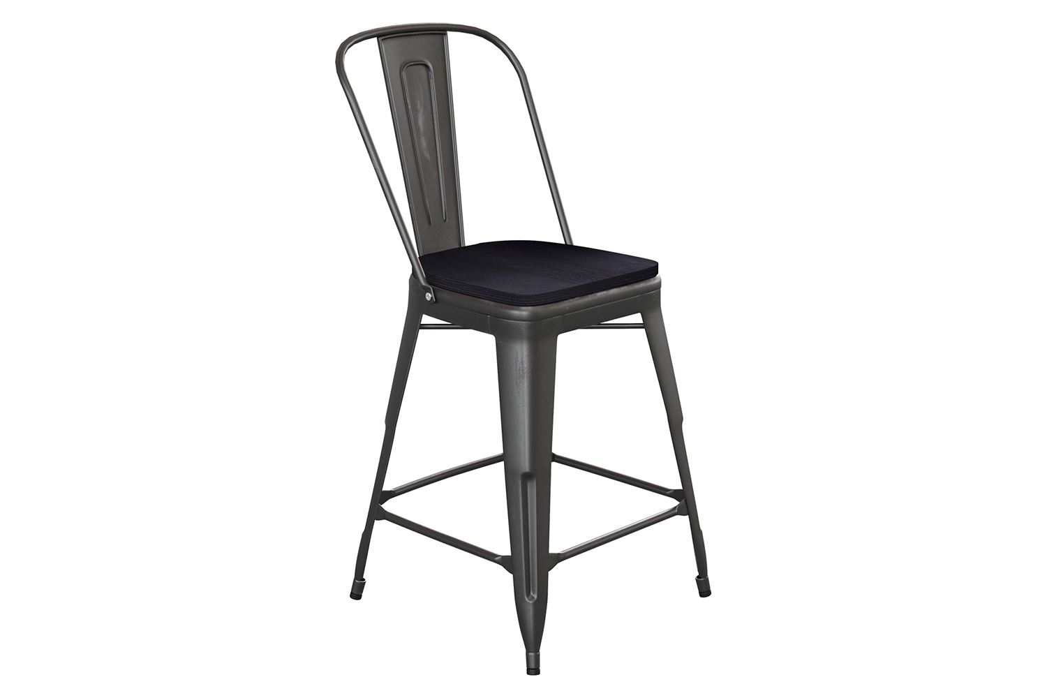 BLNK Carly Commercial Metal Indoor-Outdoor Counter Height Stool with Poly Resin Wood Seat - Black