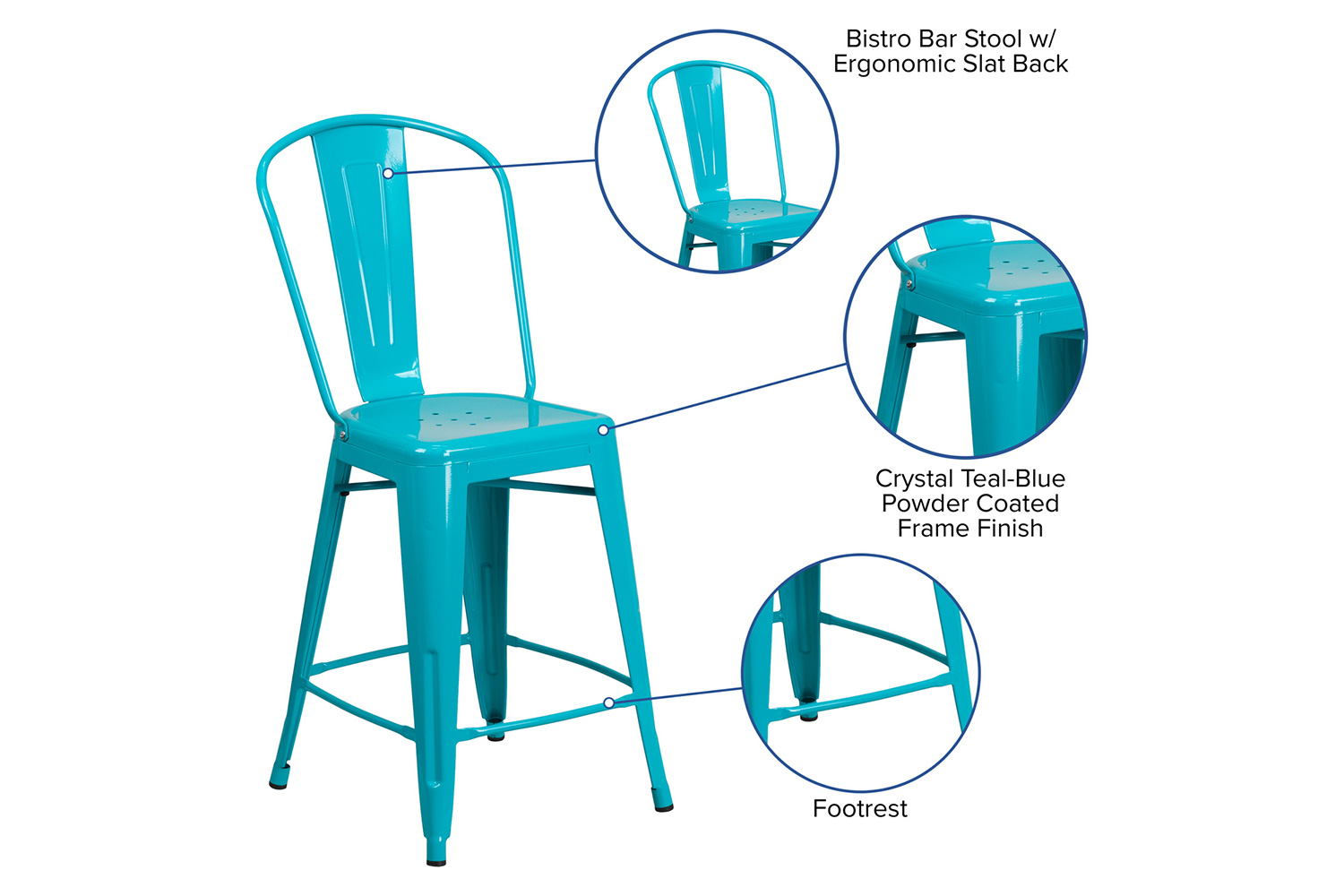 BLNK Carly Commercial Metal Indoor-Outdoor Counter Height Stool - Crystal Teal/Blue