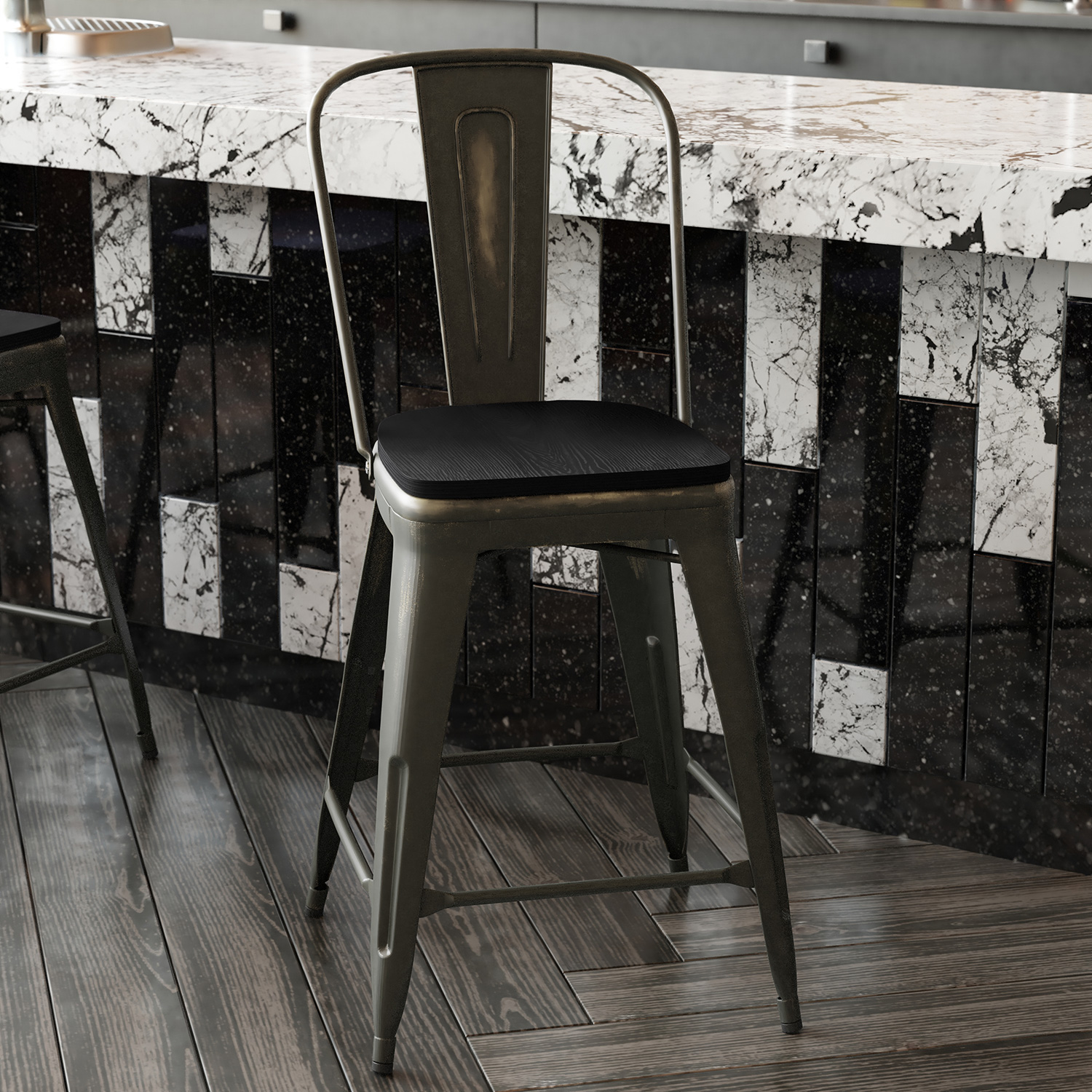 BLNK - Carly Commercial Indoor-Outdoor Copper Metal Counter Height Stool with Back with Black Poly Resin Wood Seat