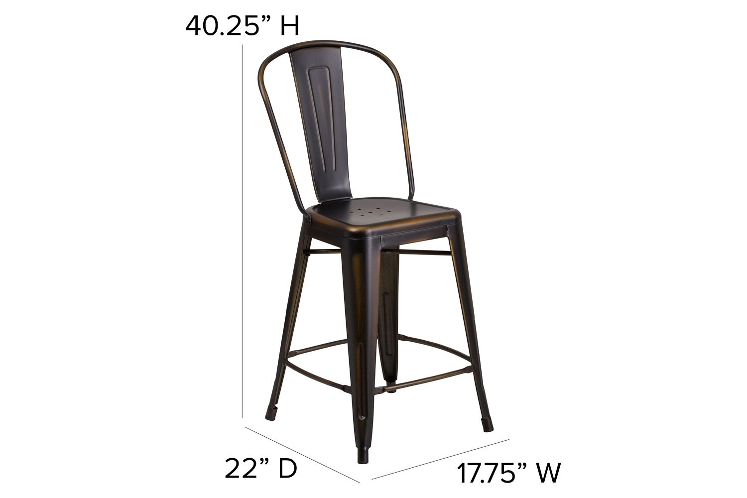 BLNK - Carly Commercial Indoor-Outdoor Copper Metal Counter Height Stool with Back with Black Poly Resin Wood Seat