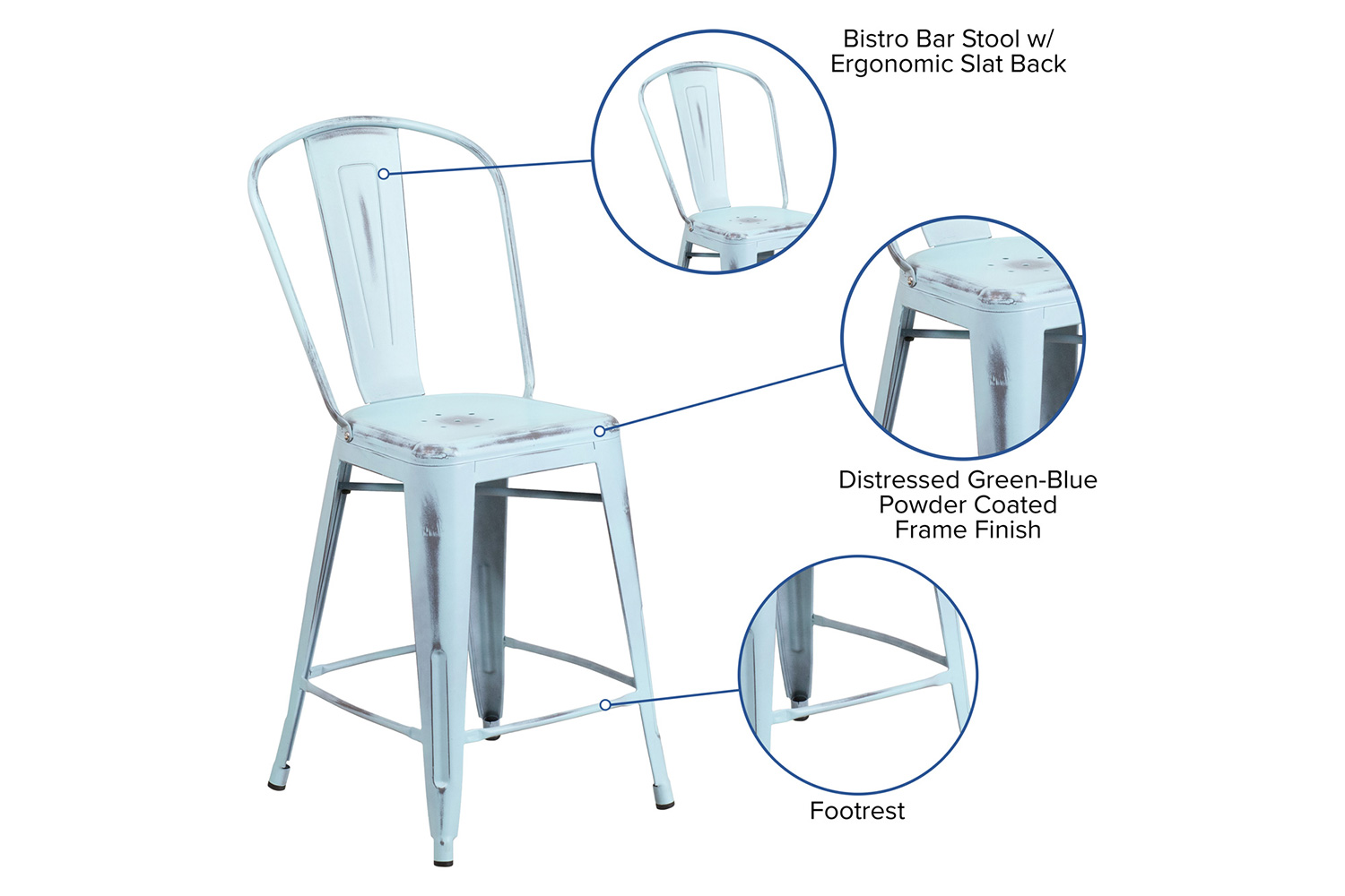 BLNK™ Carly Commercial Metal Distressed Indoor-Outdoor Counter Height Stool - Green/Blue