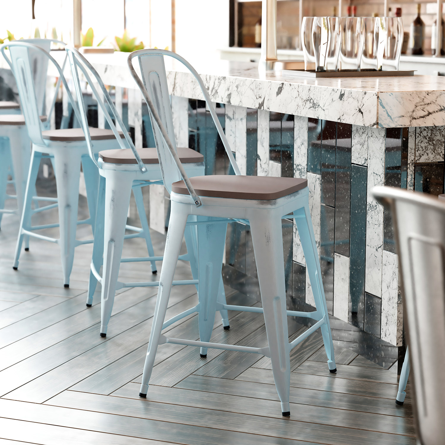 BLNK Carly Commercial Metal Indoor-Outdoor Counter Height Stool with Poly Resin Wood Seat