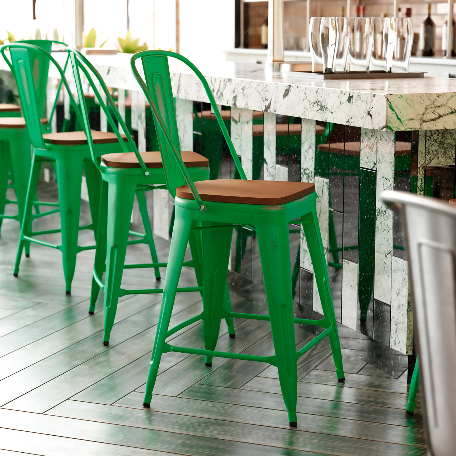 BLNK Carly Commercial Metal Indoor-Outdoor Counter Height Stool with Poly Resin Wood Seat