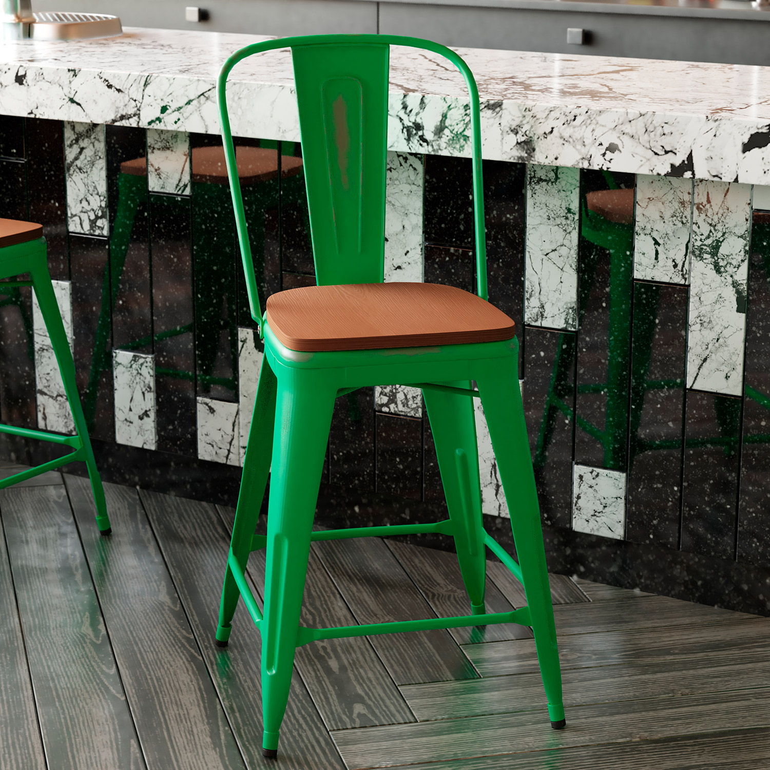 BLNK Carly Commercial Metal Indoor-Outdoor Counter Height Stool with Poly Resin Wood Seat - Green/Teak