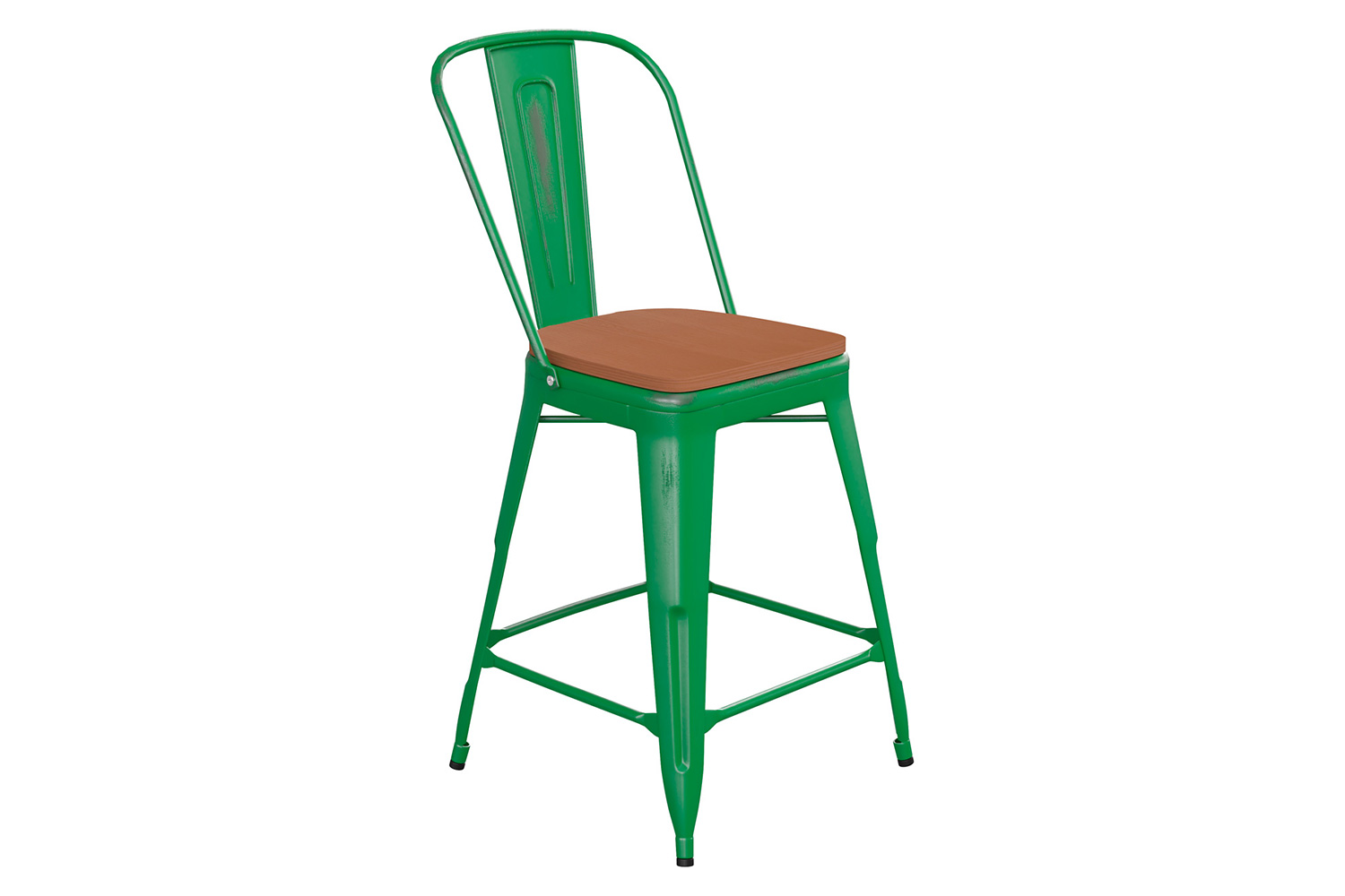 BLNK Carly Commercial Metal Indoor-Outdoor Counter Height Stool with Poly Resin Wood Seat - Green/Teak