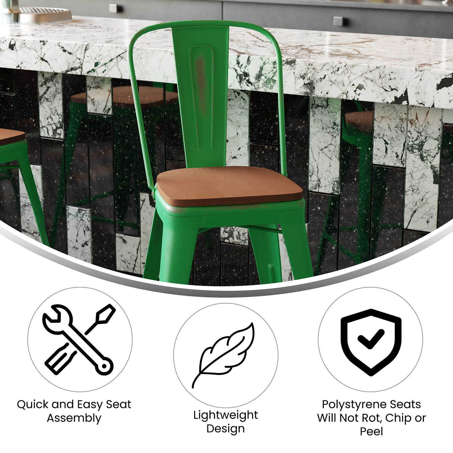 BLNK Carly Commercial Metal Indoor-Outdoor Counter Height Stool with Poly Resin Wood Seat - Green/Teak