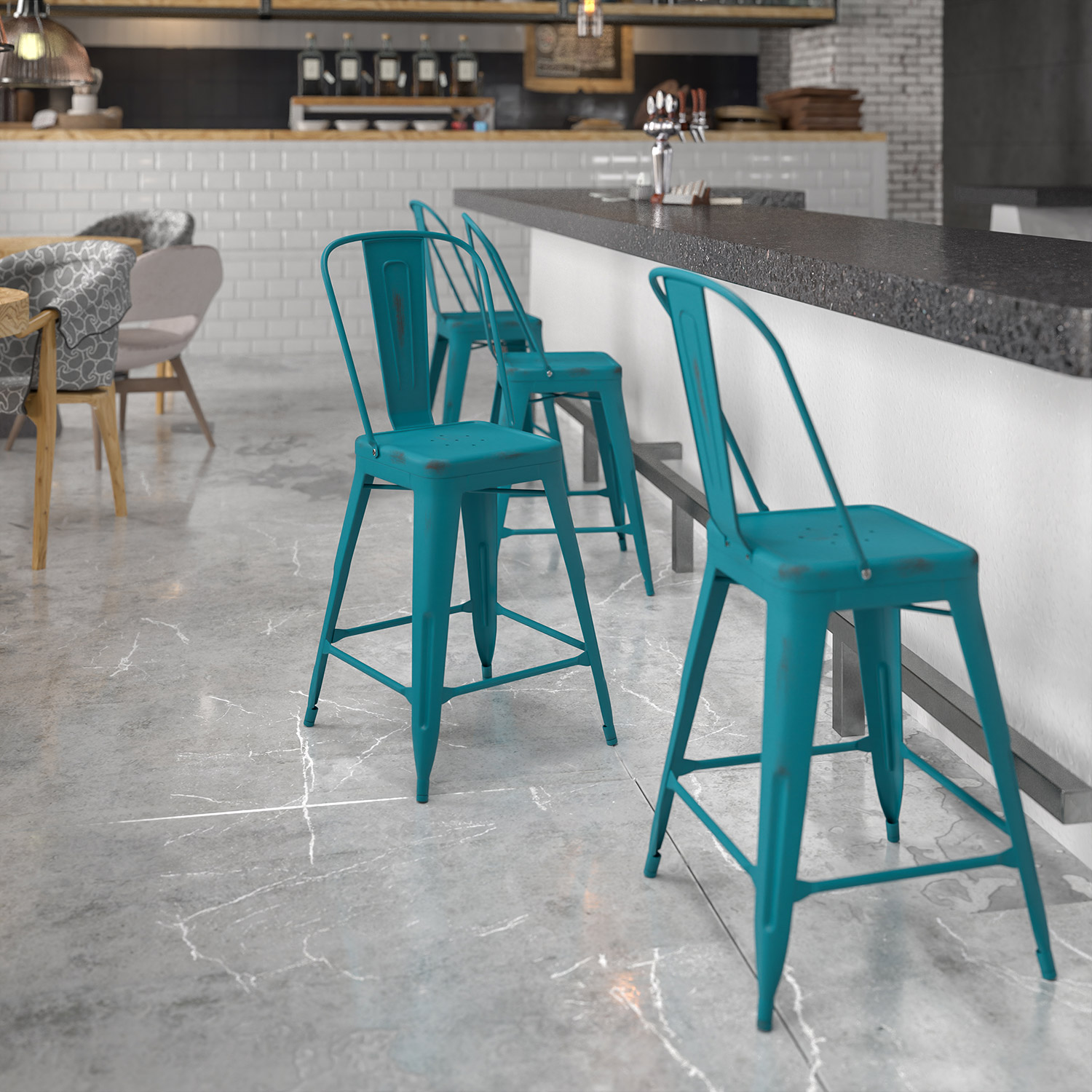 BLNK Carly Commercial Metal Distressed Indoor-Outdoor Counter Height Stool