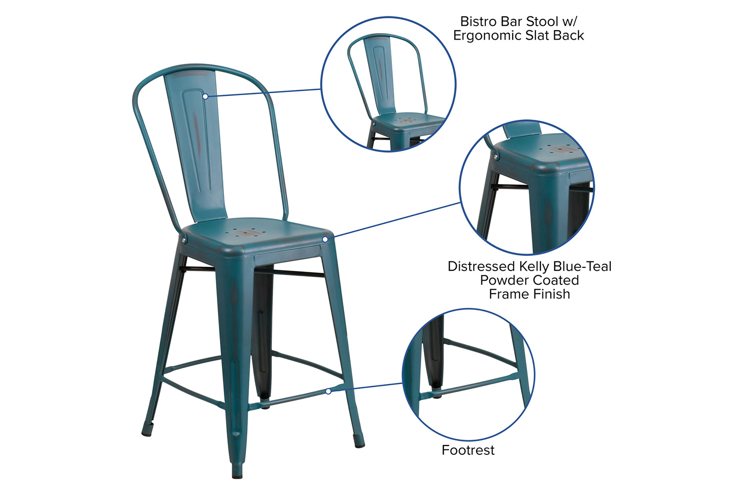 BLNK™ Carly Commercial Metal Distressed Indoor-Outdoor Counter Height Stool - Kelly Blue/Teal