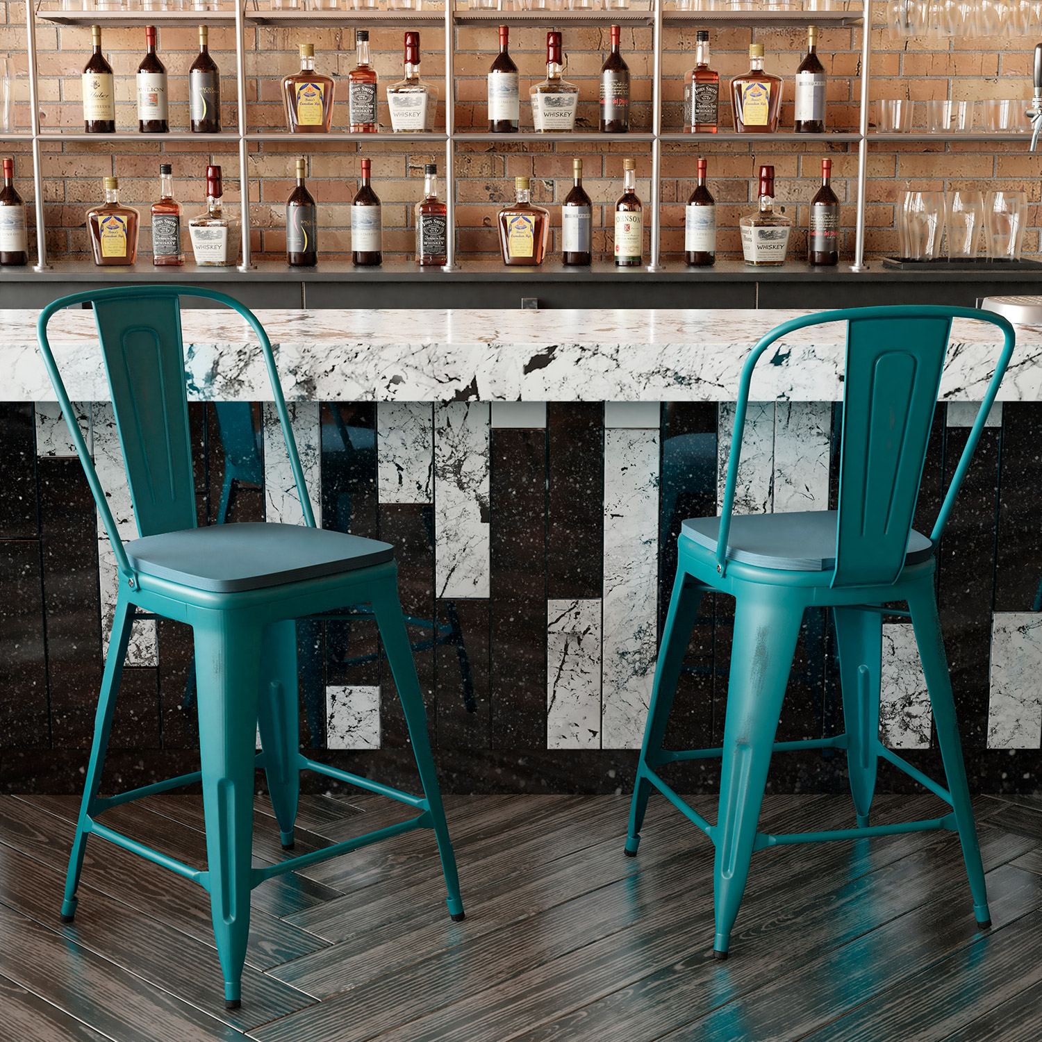 BLNK Carly Commercial Metal Indoor-Outdoor Counter Height Stool with Poly Resin Wood Seat - Kelly Blue-Teal/Teal-Blue